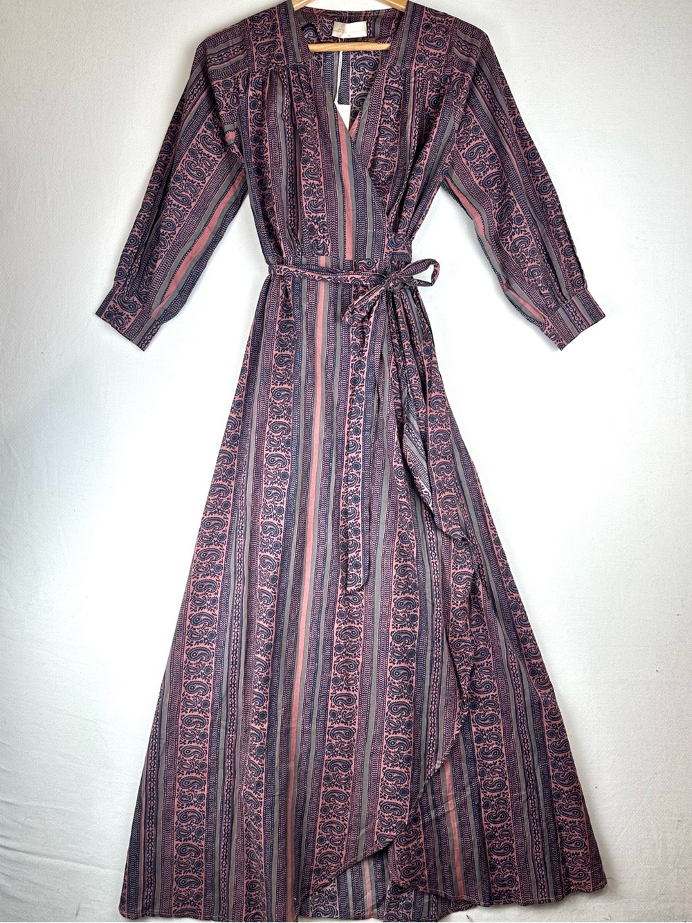 Natalie Martin Kate Long Sleeve Maxi Wrap Dress Boho NWT Paisley Stripe Heather